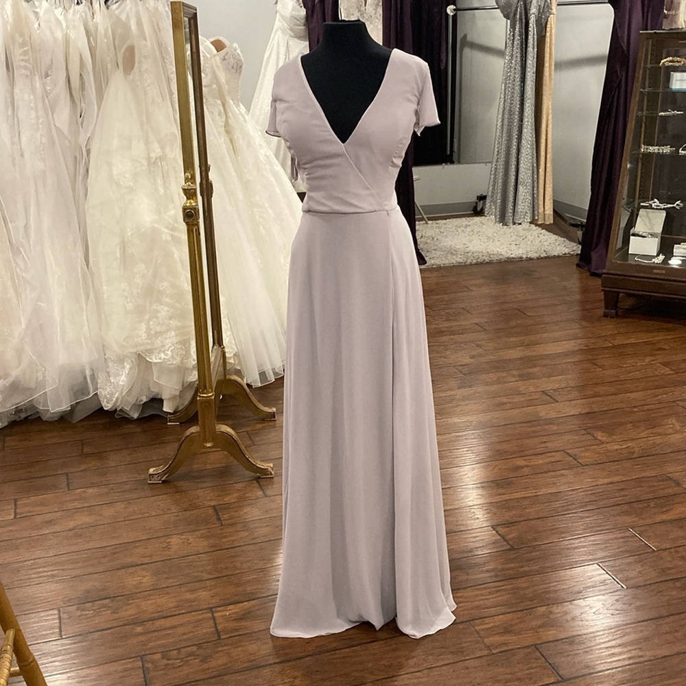Silver Chiffon Mori Lee Bridesmaid with matching Tie belt style #21640